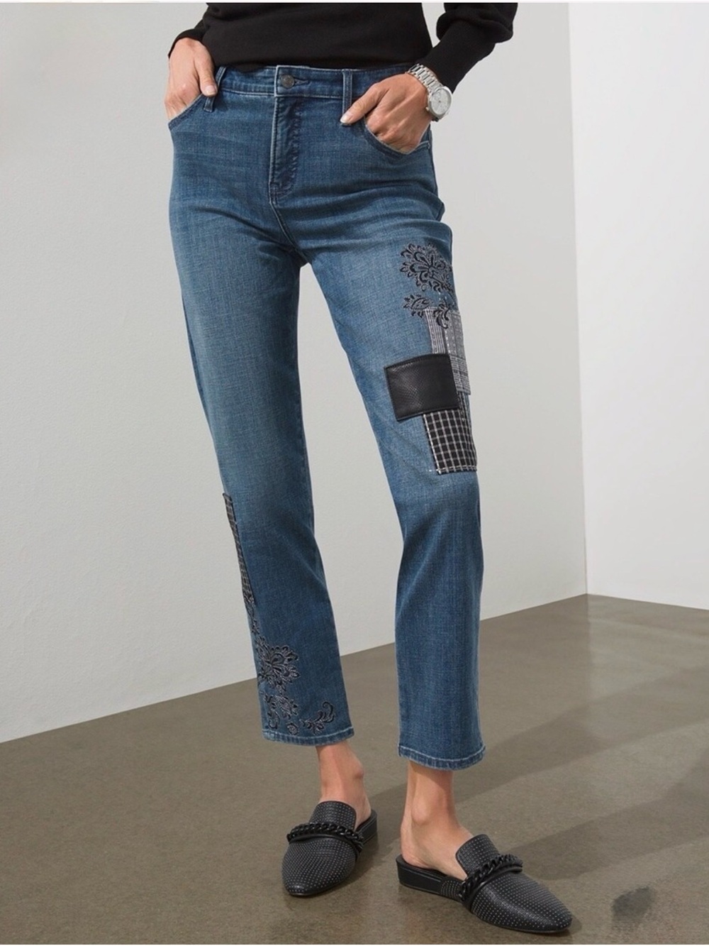 Chico’s Patchwork Embroidered Girlfriend Slim Ankle Jean